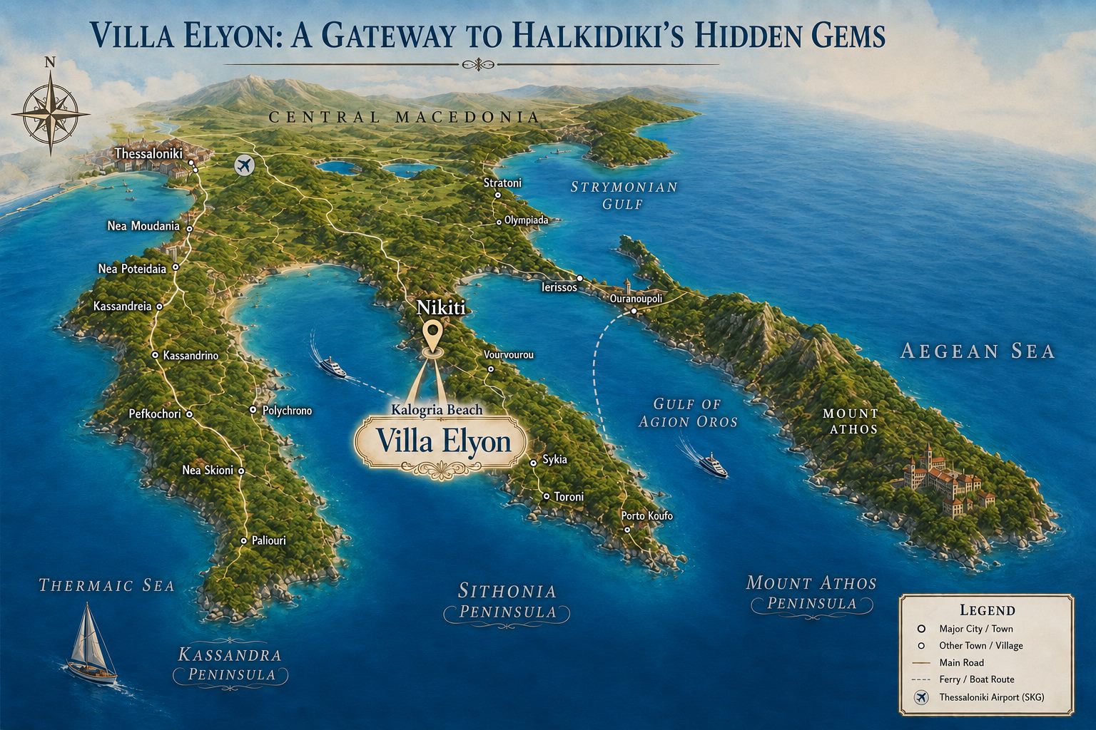 Illustrated map of Halkidiki showing Villa Elyon at Kalogria Beach near Nikiti, with the Kassandra, Sithonia and Mount Athos peninsulas, Thessaloniki and its airport